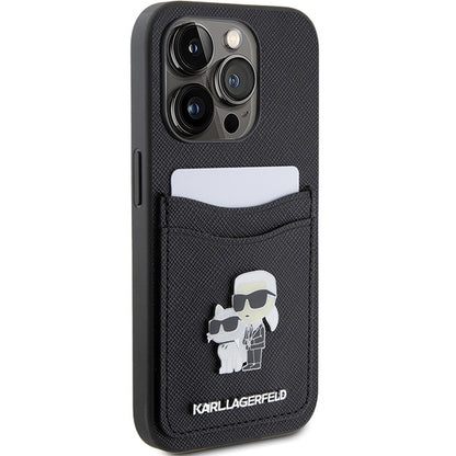 Hoes voor Apple iPhone 15 Pro, Karl Lagerfeld, Saffiano Card Slot Metal Karl & Choupette, Zwart