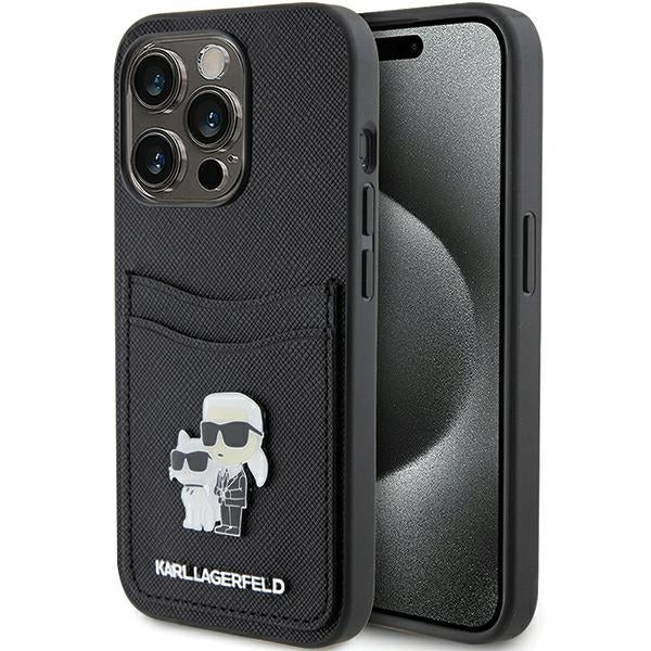 Hoes voor Apple iPhone 15 Pro, Karl Lagerfeld, Saffiano Card Slot Metal Karl & Choupette, Zwart