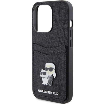 Hoes voor Apple iPhone 15 Pro, Karl Lagerfeld, Saffiano Card Slot Metal Karl & Choupette, Zwart