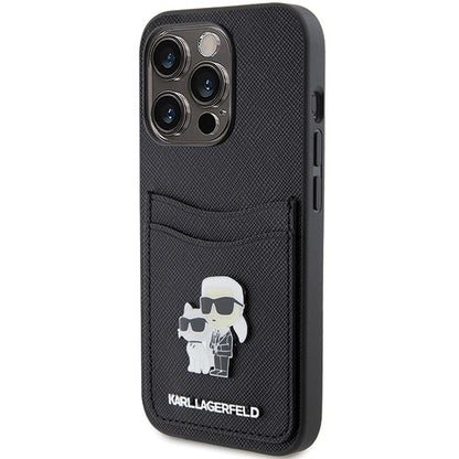 Hoes voor Apple iPhone 15 Pro, Karl Lagerfeld, Saffiano Card Slot Metal Karl & Choupette, Zwart
