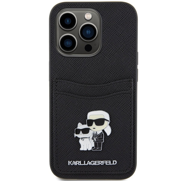 Hoes voor Apple iPhone 15 Pro, Karl Lagerfeld, Saffiano Card Slot Metal Karl & Choupette, Zwart