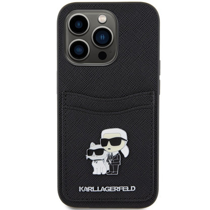 Hoes voor Apple iPhone 15 Pro, Karl Lagerfeld, Saffiano Card Slot Metal Karl & Choupette, Zwart