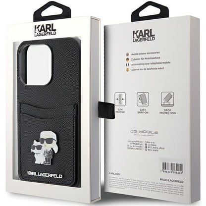 Hoes voor Apple iPhone 15 Pro, Karl Lagerfeld, Saffiano Card Slot Metal Karl & Choupette, Zwart