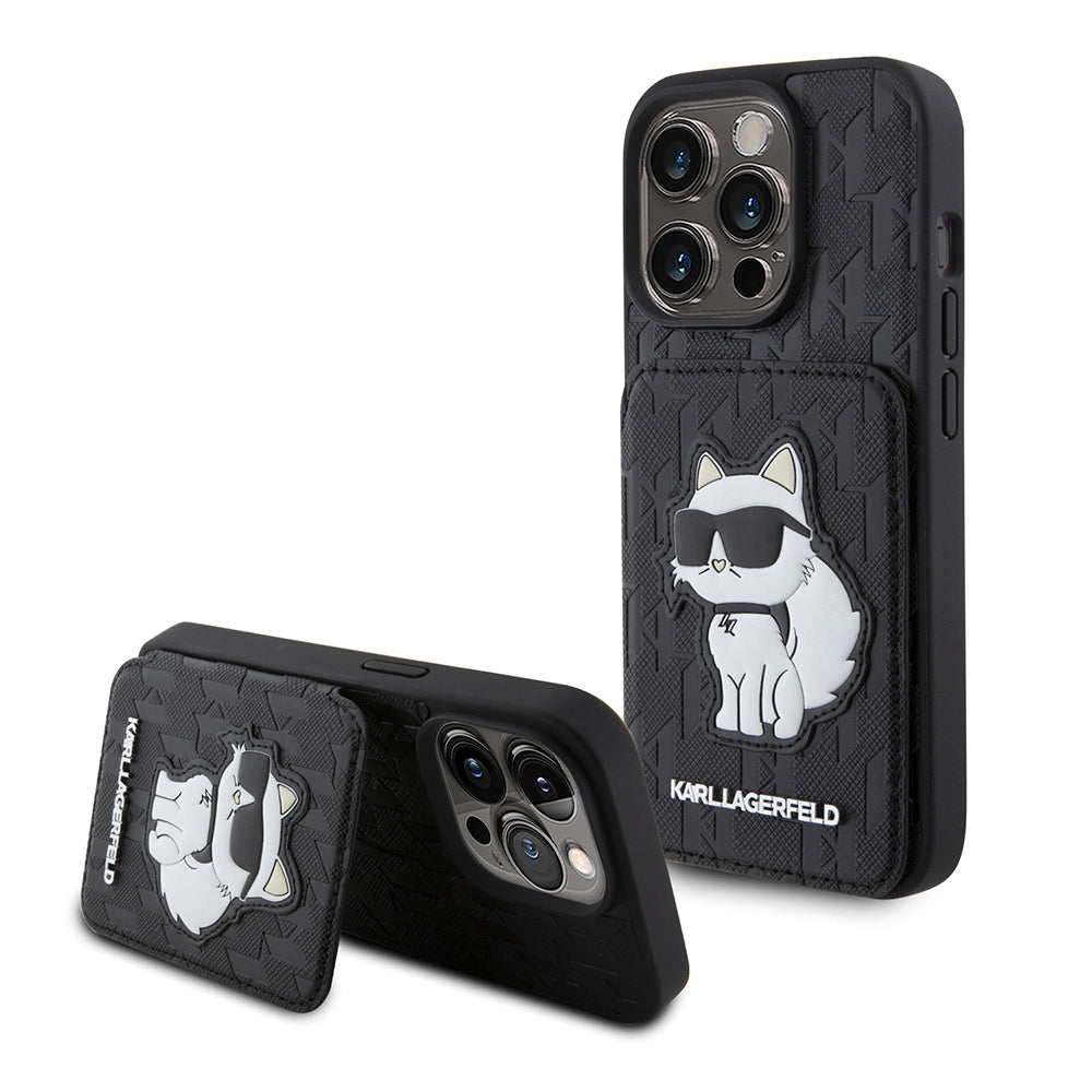 Hoes voor Apple iPhone 15 Pro, Karl Lagerfeld, Saffiano Cardslots en Stand Monogram Choupette, Zwart