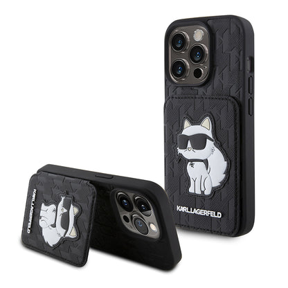 Hoes voor Apple iPhone 15 Pro, Karl Lagerfeld, Saffiano Cardslots en Stand Monogram Choupette, Zwart