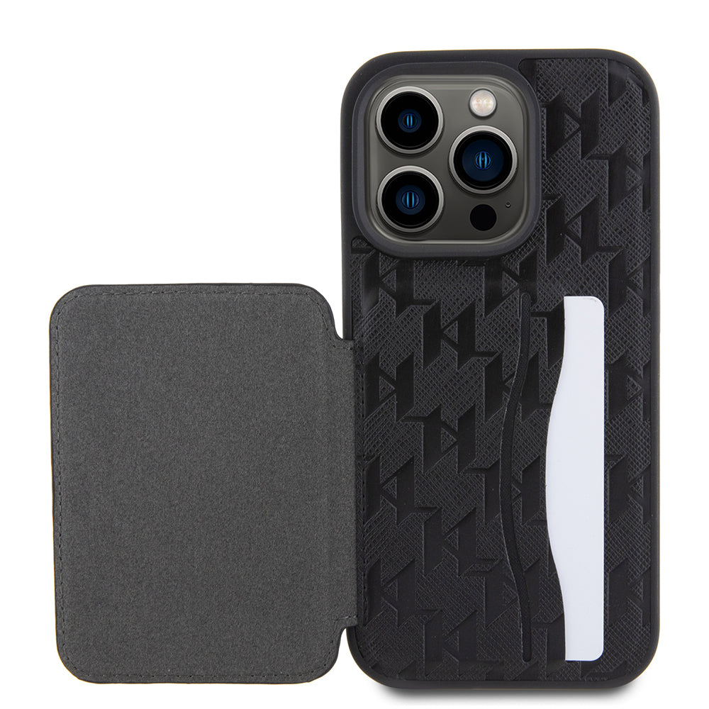 Hoes voor Apple iPhone 15 Pro, Karl Lagerfeld, Saffiano Cardslots en Stand Monogram Choupette, Zwart