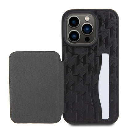 Hoes voor Apple iPhone 15 Pro, Karl Lagerfeld, Saffiano Cardslots en Stand Monogram Choupette, Zwart