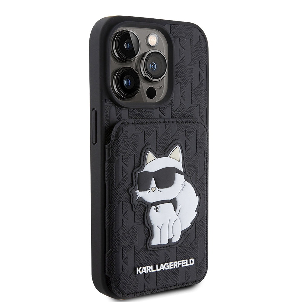 Hoes voor Apple iPhone 15 Pro, Karl Lagerfeld, Saffiano Cardslots en Stand Monogram Choupette, Zwart