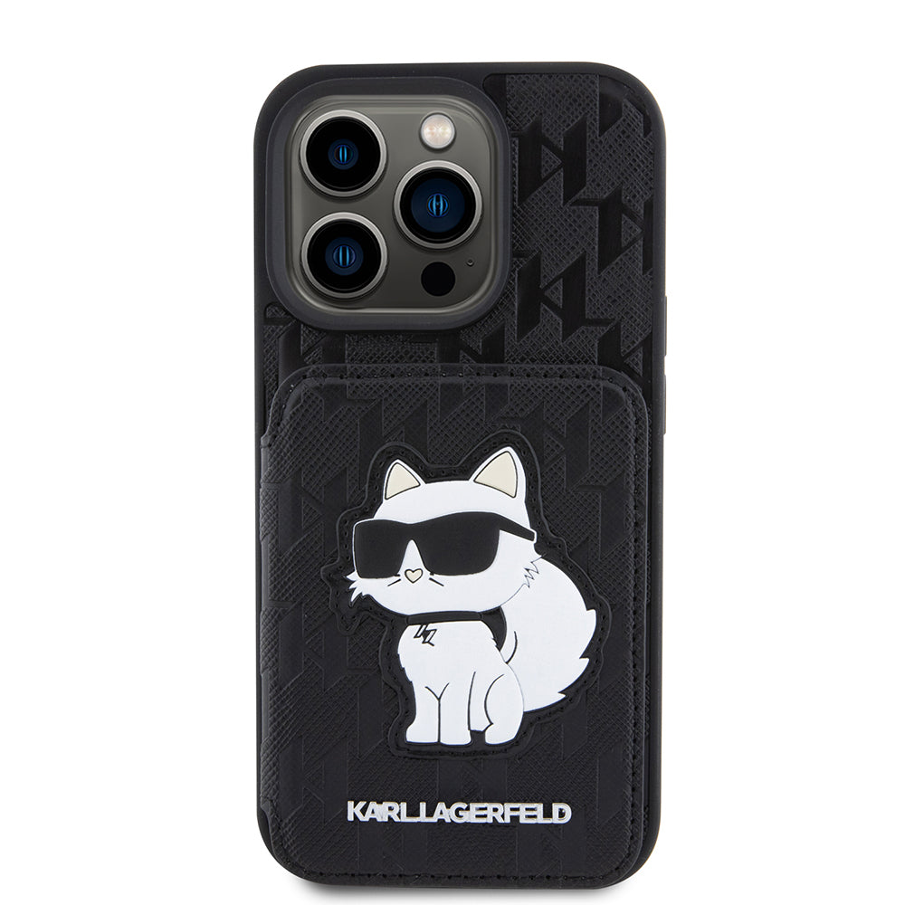 Hoes voor Apple iPhone 15 Pro, Karl Lagerfeld, Saffiano Cardslots en Stand Monogram Choupette, Zwart