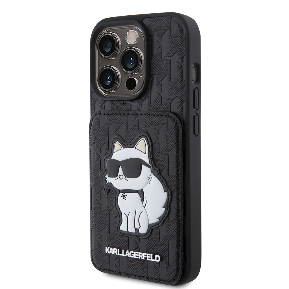 Hoes voor Apple iPhone 15 Pro, Karl Lagerfeld, Saffiano Cardslots en Stand Monogram Choupette, Zwart