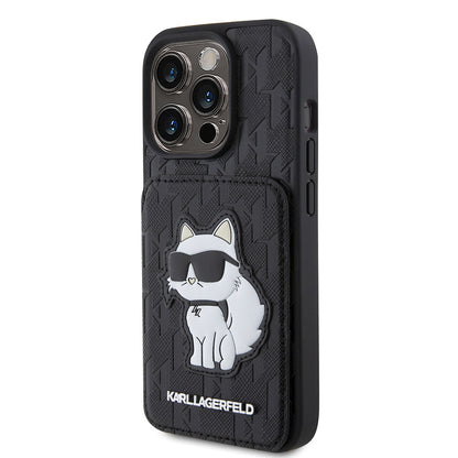 Hoes voor Apple iPhone 15 Pro, Karl Lagerfeld, Saffiano Cardslots en Stand Monogram Choupette, Zwart