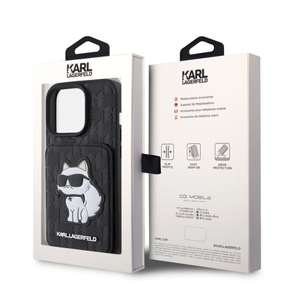 Hoes voor Apple iPhone 15 Pro, Karl Lagerfeld, Saffiano Cardslots en Stand Monogram Choupette, Zwart
