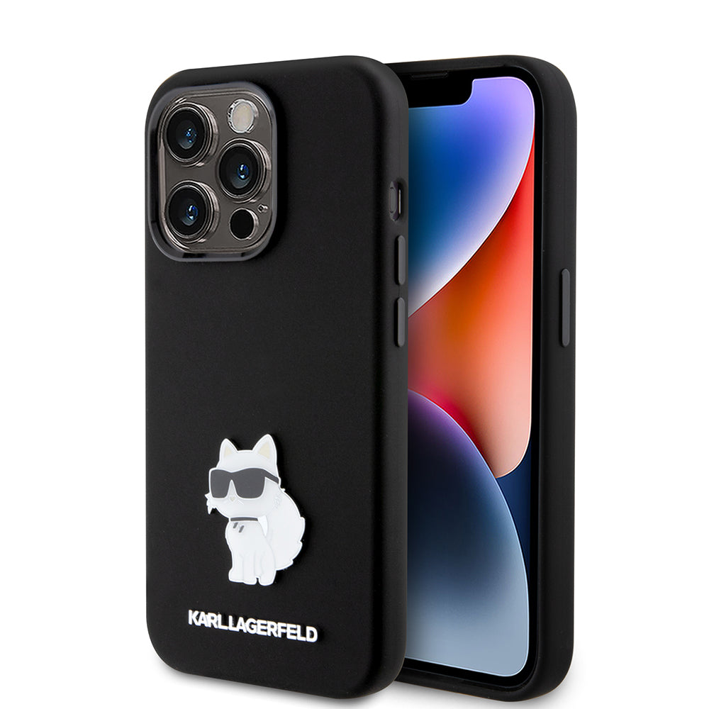 Hoes voor Apple iPhone 15 Pro, Karl Lagerfeld, Silicone Choupette Metal, Zwart