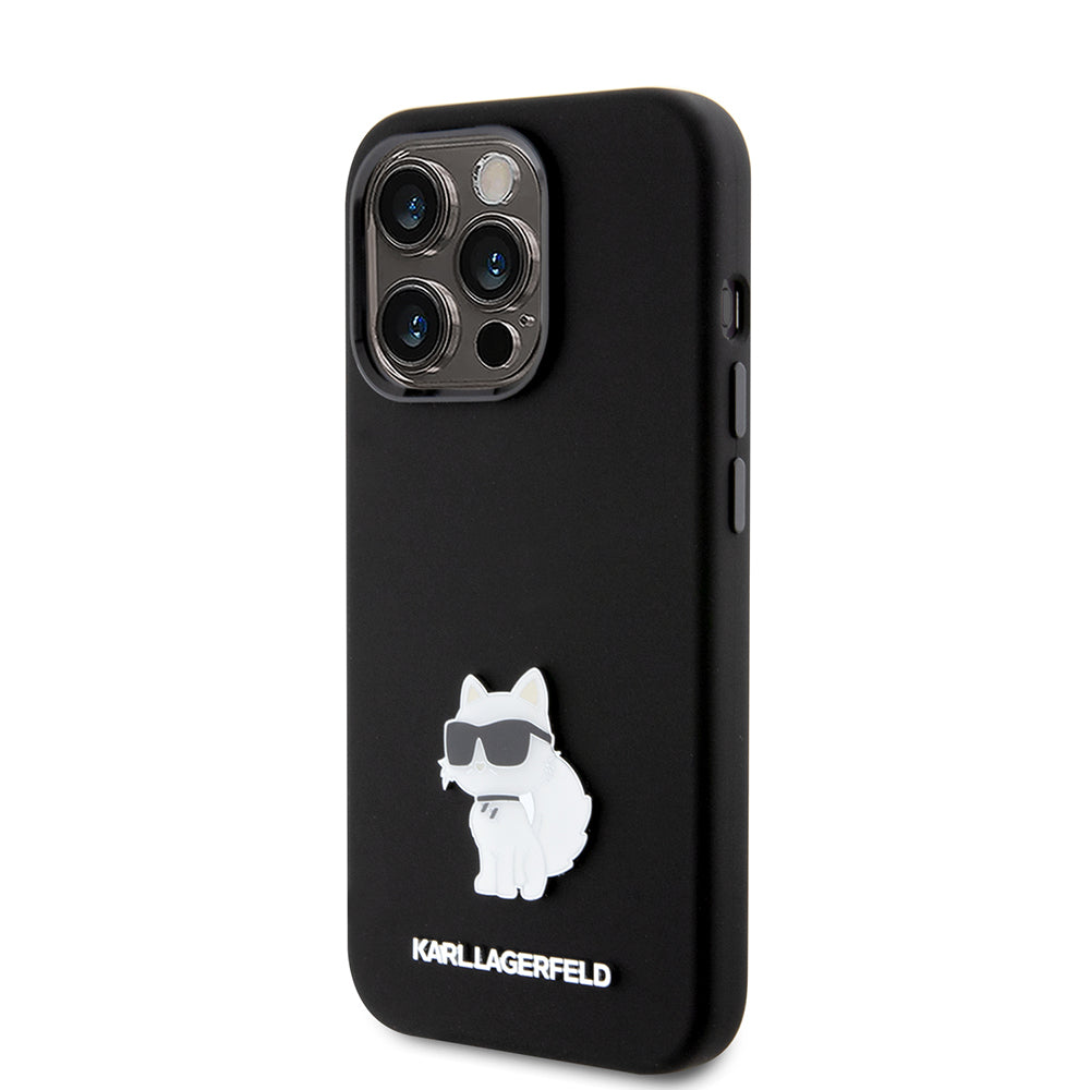 Hoes voor Apple iPhone 15 Pro, Karl Lagerfeld, Silicone Choupette Metal, Zwart