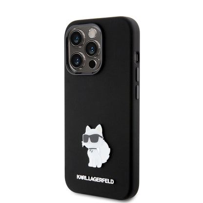 Hoes voor Apple iPhone 15 Pro, Karl Lagerfeld, Silicone Choupette Metal, Zwart