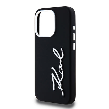 Hoes voor Apple iPhone 15 Pro, Karl Lagerfeld, Silicone Metal Script Logo, Zwart