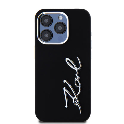 Hoes voor Apple iPhone 15 Pro, Karl Lagerfeld, Silicone Metal Script Logo, Zwart