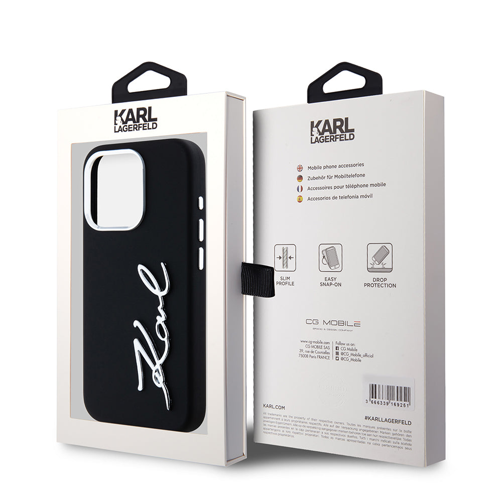 Hoes voor Apple iPhone 15 Pro, Karl Lagerfeld, Silicone Metal Script Logo, Zwart