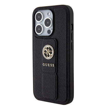 Hoes voor Apple iPhone 15 Pro Max, Guess, Grip Stand 4G Saffiano Strass, Zwart