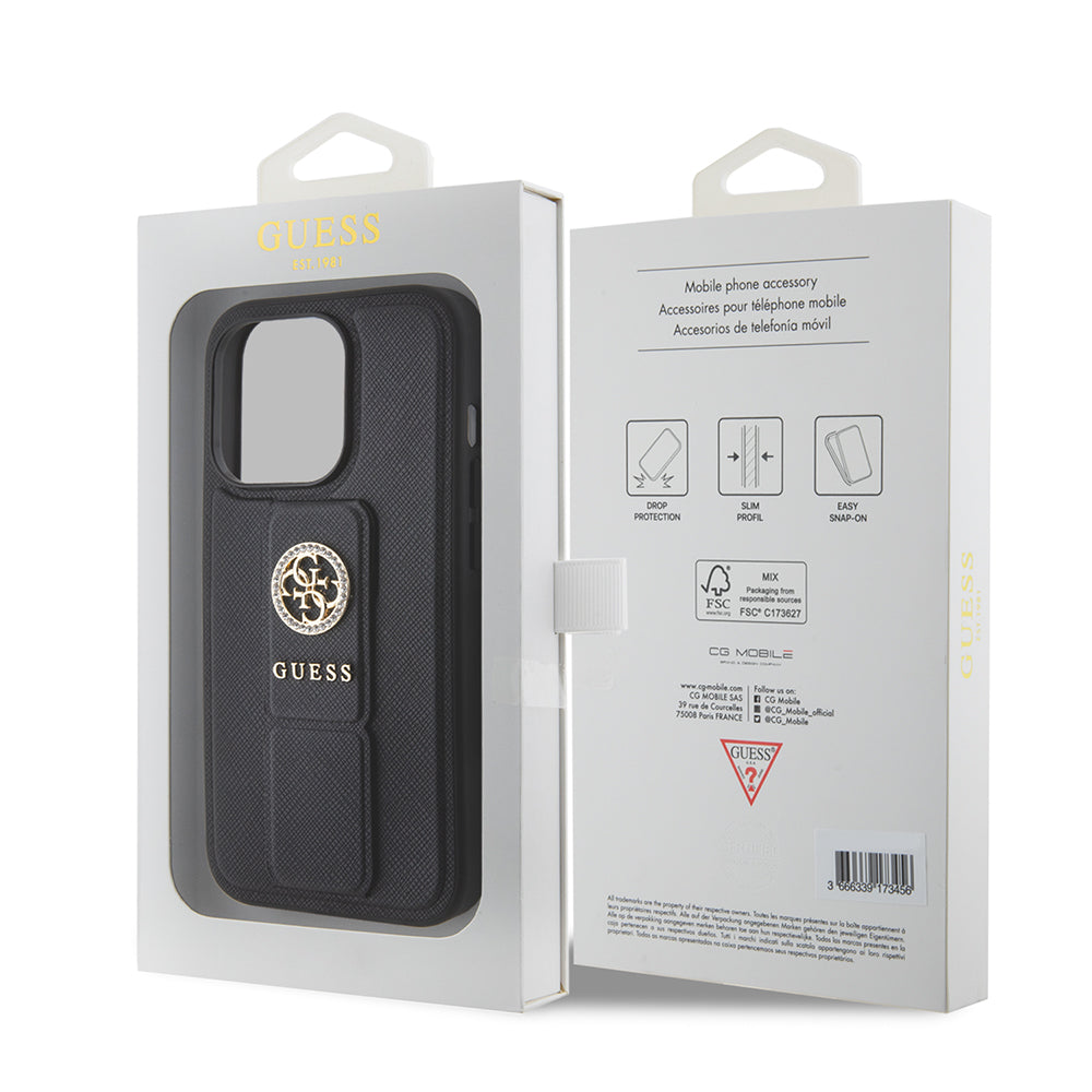 Hoes voor Apple iPhone 15 Pro Max, Guess, Grip Stand 4G Saffiano Strass, Zwart