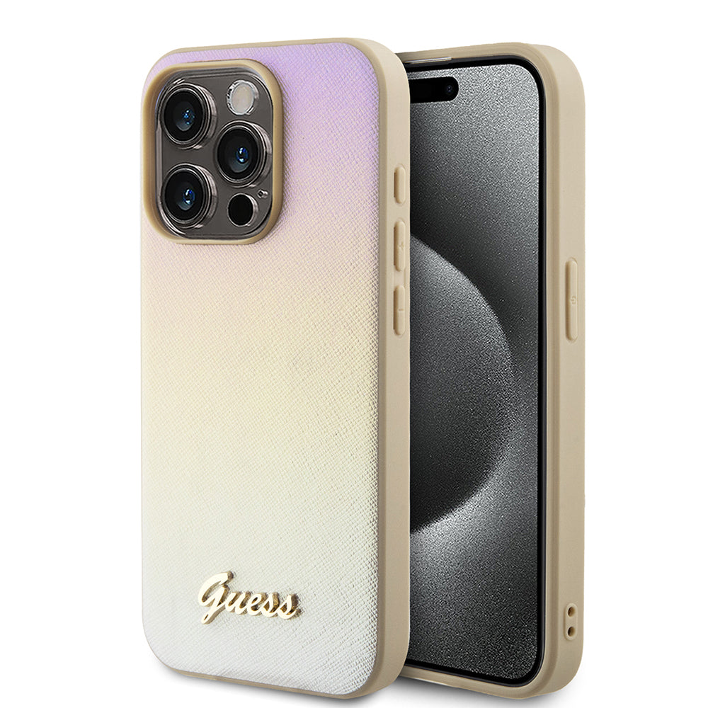 Hoes voor Apple iPhone 15 Pro Max, Guess, Saffiano Iridescent Script, Goud