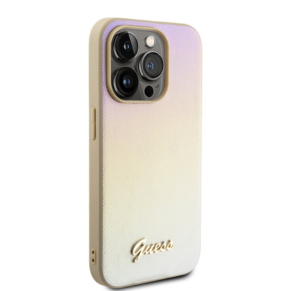 Hoes voor Apple iPhone 15 Pro Max, Guess, Saffiano Iridescent Script, Goud