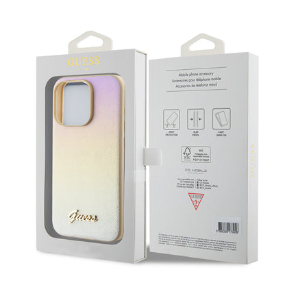 Hoes voor Apple iPhone 15 Pro Max, Guess, Saffiano Iridescent Script, Goud