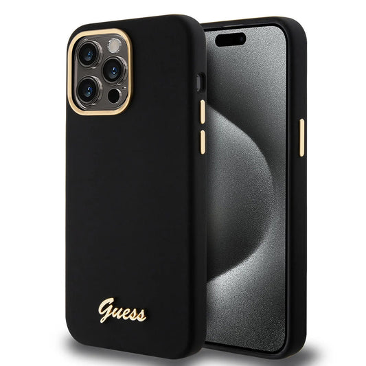 Hoesje voor Apple iPhone 15 Pro Max, Guess, Script Metal Logo & Frame, Zwart