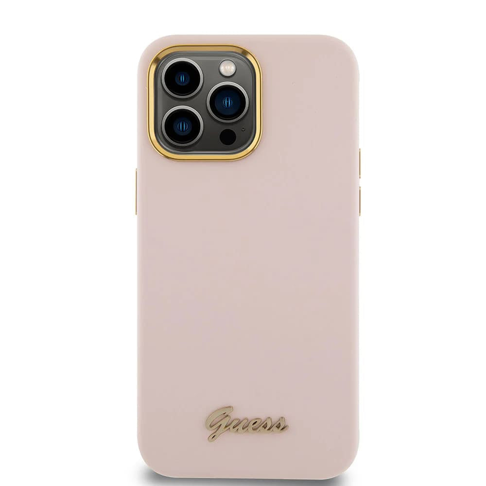 Hoesje voor Apple iPhone 15 Pro Max, Guess, Script Metal Logo & Frame, Lichtroze