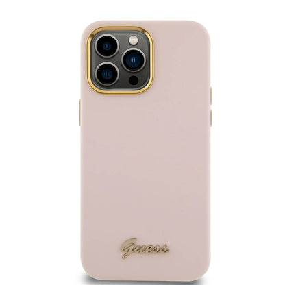 Hoesje voor Apple iPhone 15 Pro Max, Guess, Script Metal Logo & Frame, Lichtroze