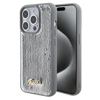 Hoes voor Apple iPhone 15 Pro Max, Guess, Sequin Script Metal, Zilverkleurig