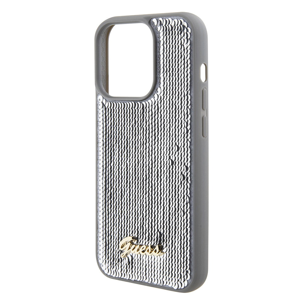 Hoes voor Apple iPhone 15 Pro Max, Guess, Sequin Script Metal, Zilverkleurig