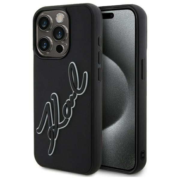 Hoes voor Apple iPhone 15 Pro Max, Karl Lagerfeld, 3D Rubber Signature, Zwart