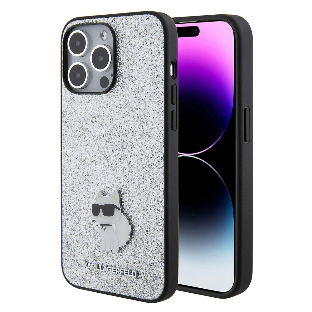Hoes voor Apple iPhone 15 Pro Max, Karl Lagerfeld, Glitter Fixed Choupette Logo, Zilverkleurig
