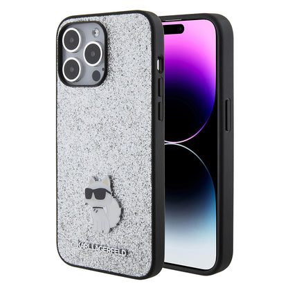 Hoes voor Apple iPhone 15 Pro Max, Karl Lagerfeld, Glitter Fixed Choupette Logo, Zilverkleurig