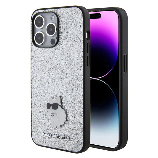 Hoes voor Apple iPhone 15 Pro Max, Karl Lagerfeld, Glitter Fixed Choupette Logo, Zilverkleurig