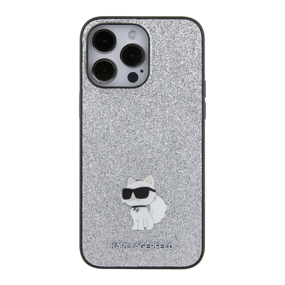 Hoes voor Apple iPhone 15 Pro Max, Karl Lagerfeld, Glitter Fixed Choupette Logo, Zilverkleurig