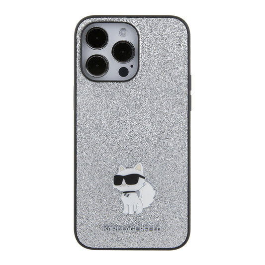 Hoes voor Apple iPhone 15 Pro Max, Karl Lagerfeld, Glitter Fixed Choupette Logo, Zilverkleurig