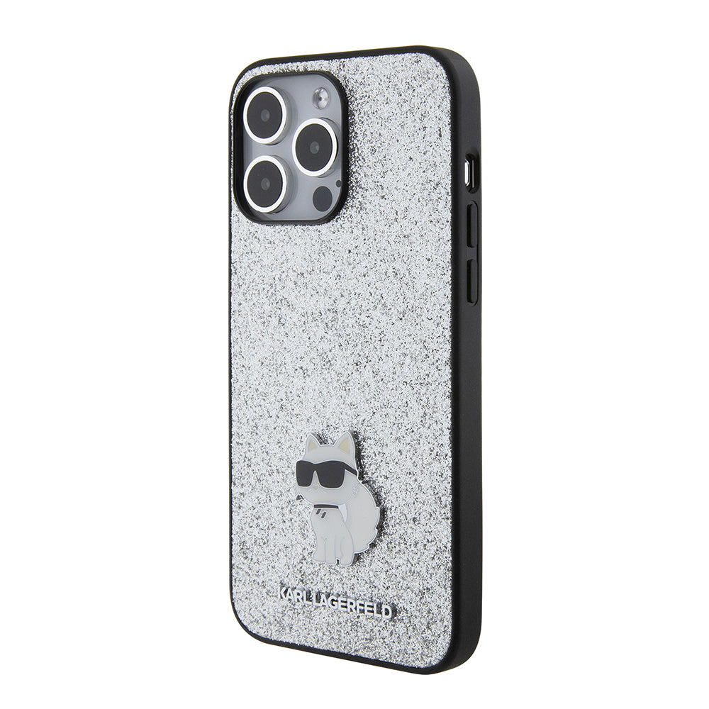Hoes voor Apple iPhone 15 Pro Max, Karl Lagerfeld, Glitter Fixed Choupette Logo, Zilverkleurig