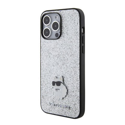 Hoes voor Apple iPhone 15 Pro Max, Karl Lagerfeld, Glitter Fixed Choupette Logo, Zilverkleurig