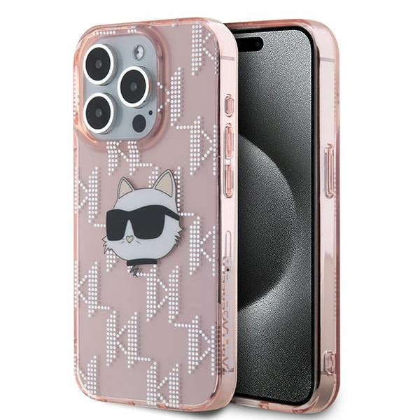 Hoes voor Apple iPhone 15 Pro Max, Karl Lagerfeld, IML Luxury Monogram Choupette's Head, Roze