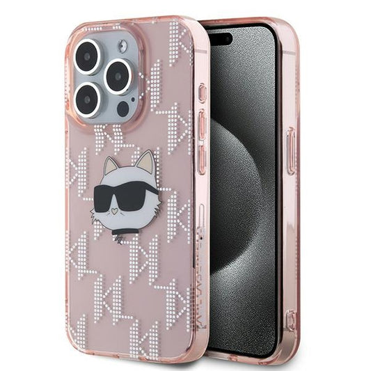 Hoes voor Apple iPhone 15 Pro Max, Karl Lagerfeld, IML Luxury Monogram Choupette's Head, Roze