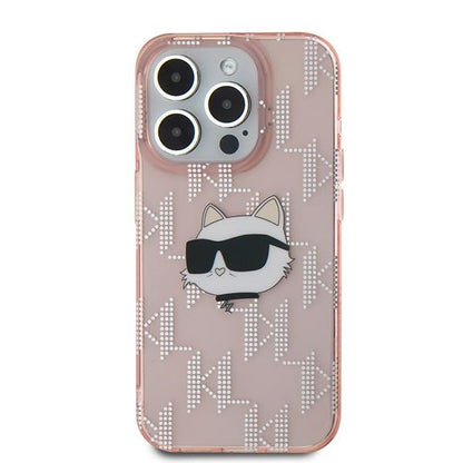Hoes voor Apple iPhone 15 Pro Max, Karl Lagerfeld, IML Luxury Monogram Choupette's Head, Roze