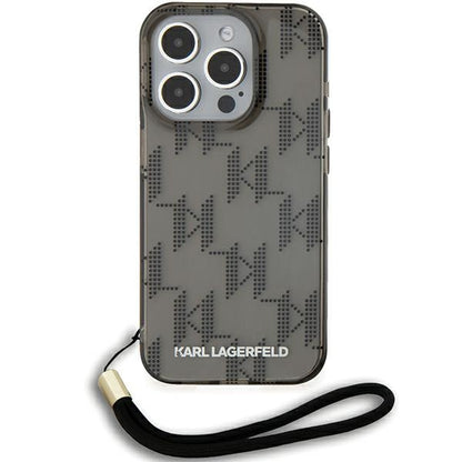 Hoes voor Apple iPhone 15 Pro Max, Karl Lagerfeld, IML Luxury Monogram KL Pattern met Band, Zwart