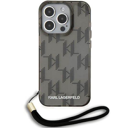 Hoes voor Apple iPhone 15 Pro Max, Karl Lagerfeld, IML Luxury Monogram KL Pattern met Band, Zwart