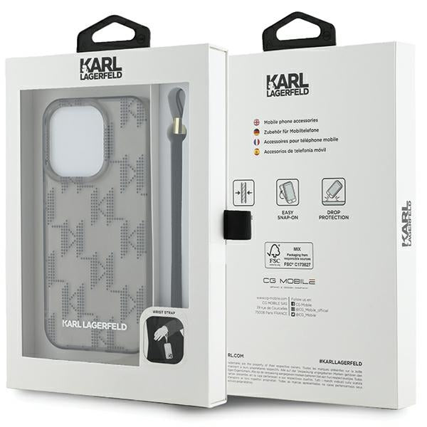Hoes voor Apple iPhone 15 Pro Max, Karl Lagerfeld, IML Luxury Monogram KL Pattern met Band, Zwart