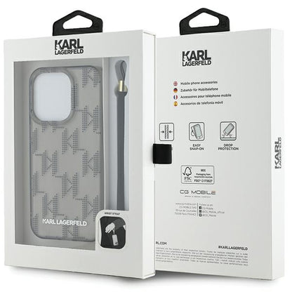 Hoes voor Apple iPhone 15 Pro Max, Karl Lagerfeld, IML Luxury Monogram KL Pattern met Band, Zwart