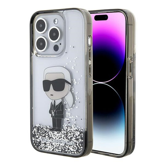 Hoes voor Apple iPhone 15 Pro Max, Karl Lagerfeld, Liquid Glitter Ikonik Karl, Transparant