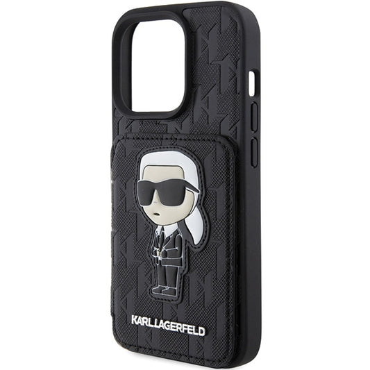 Hoes voor Apple iPhone 15 Pro Max, Karl Lagerfeld, Saffiano Cardslots en Stand Monogram Ikonik Karl, Zwart