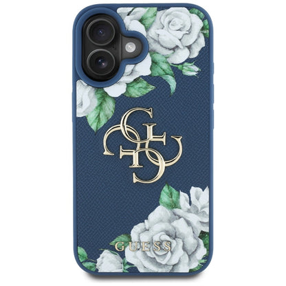 Case for Apple iPhone 16, Guess, 4G Grained Roses Big Logo, Blue